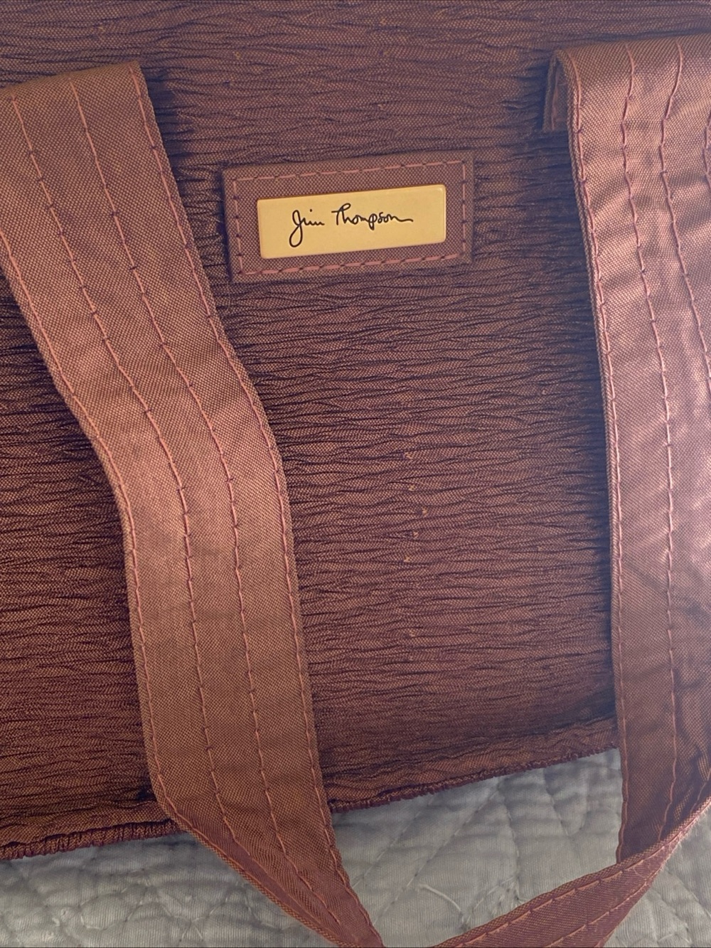 Jim Thompson Silk Mini Tote in Iridescent Rust Brown/ Deep Blush Pink Drawstring